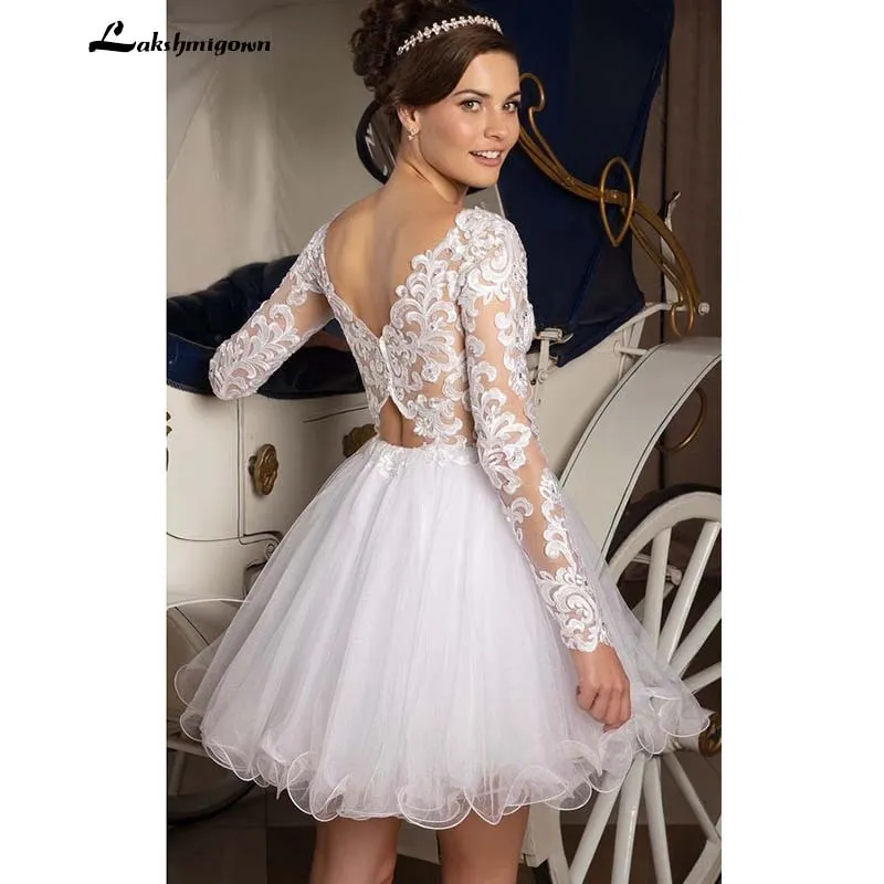 Roycebridal Sexy Tulle Wedding Dress Short Cheap Wedding Reception Dresses V Neck With Long Sleeves Lace Wedding Bridal Gowns