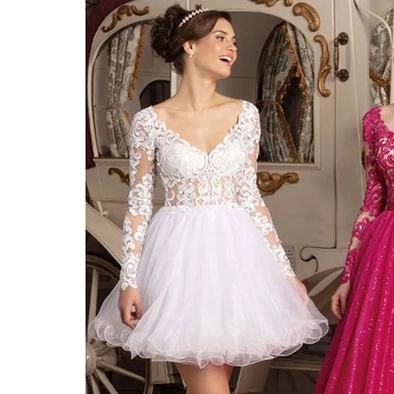 Roycebridal Sexy Tulle Wedding Dress Short Cheap Wedding Reception Dresses V Neck With Long Sleeves Lace Wedding Bridal Gowns