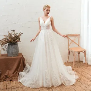 Roycebridal Sexy V Neck Sleeveless Lace Wedding Dresses Vestido De Noiva Backless A Line Sweep Train Cheap Bridal Gown