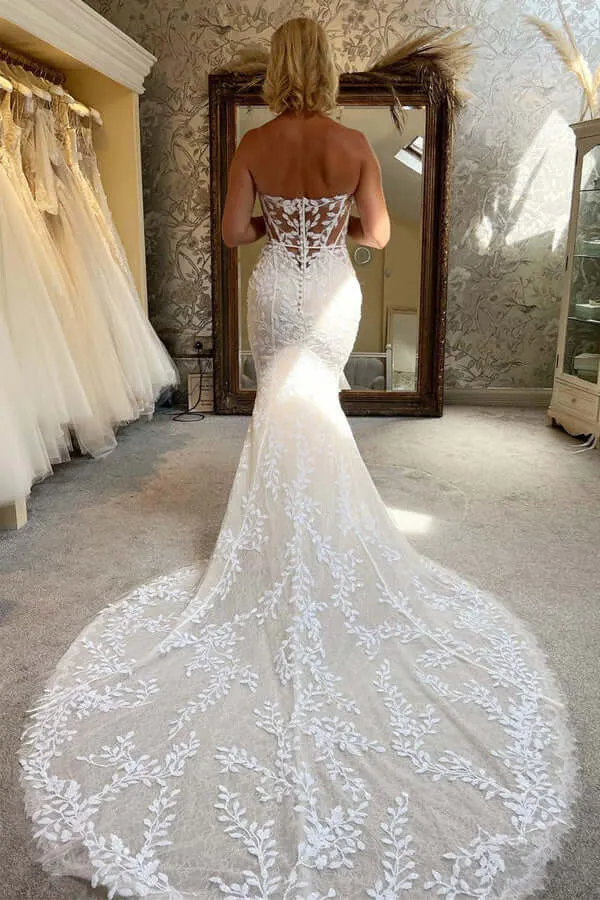 Roycebridal Tulle Mermaid Strapless Sweetheart Lace Appliqued Wedding Dresses, MW1000