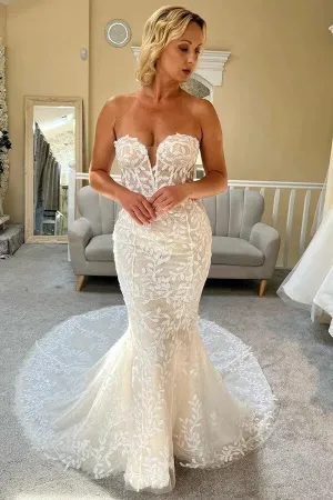 Roycebridal Tulle Mermaid Strapless Sweetheart Lace Appliqued Wedding Dresses, MW1000
