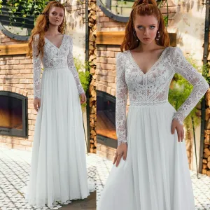 Roycebridal V Neck Lace Long Sleeve Backless Chiffon Wedding Dresses