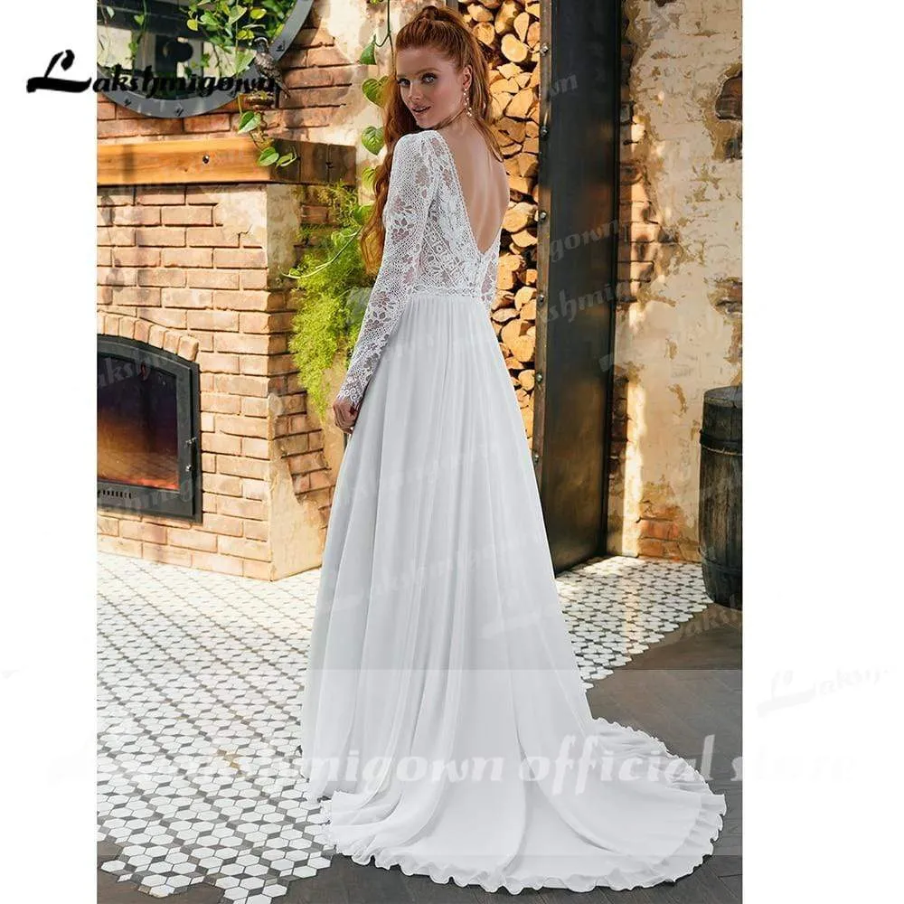 Roycebridal V Neck Lace Long Sleeve Backless Chiffon Wedding Dresses