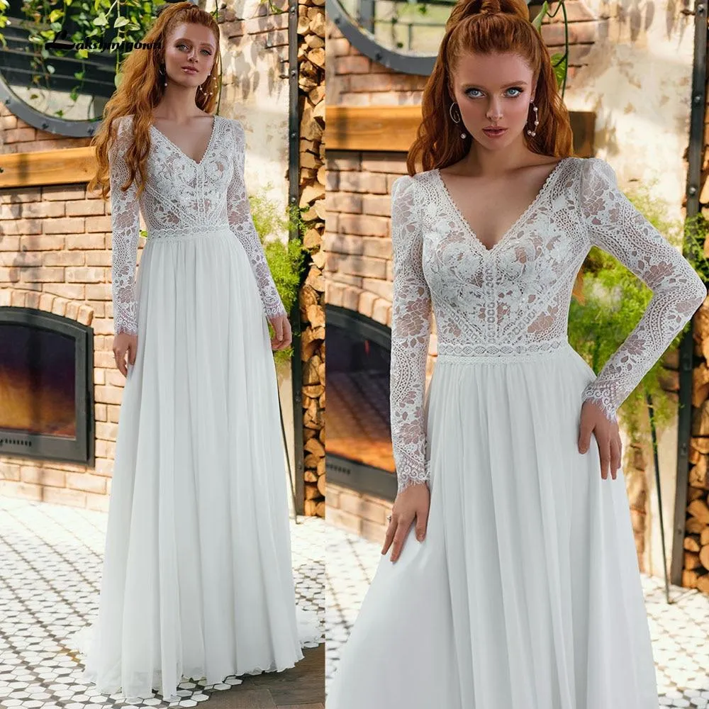 Roycebridal V Neck Lace Long Sleeve Backless Chiffon Wedding Dresses