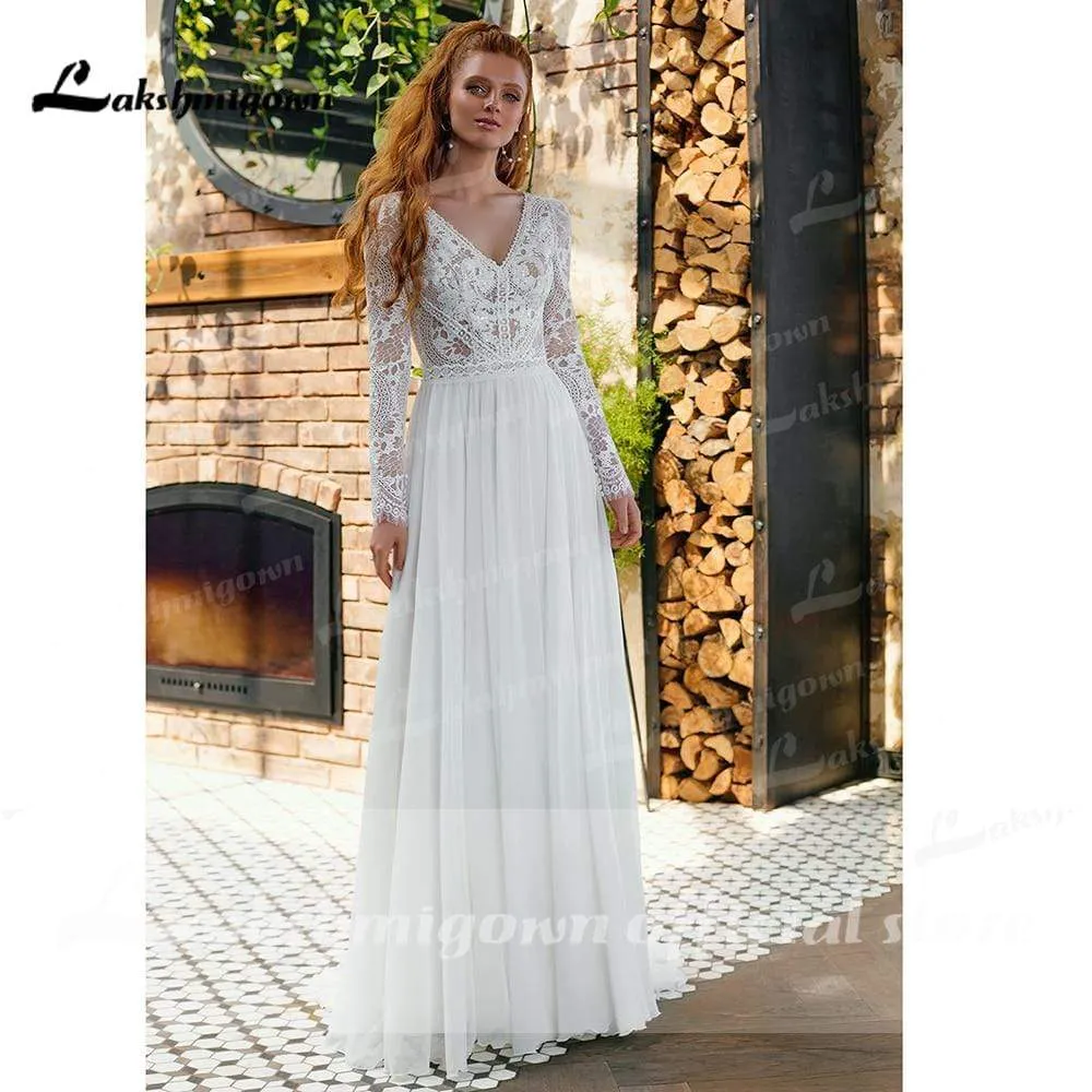 Roycebridal V Neck Lace Long Sleeve Backless Chiffon Wedding Dresses