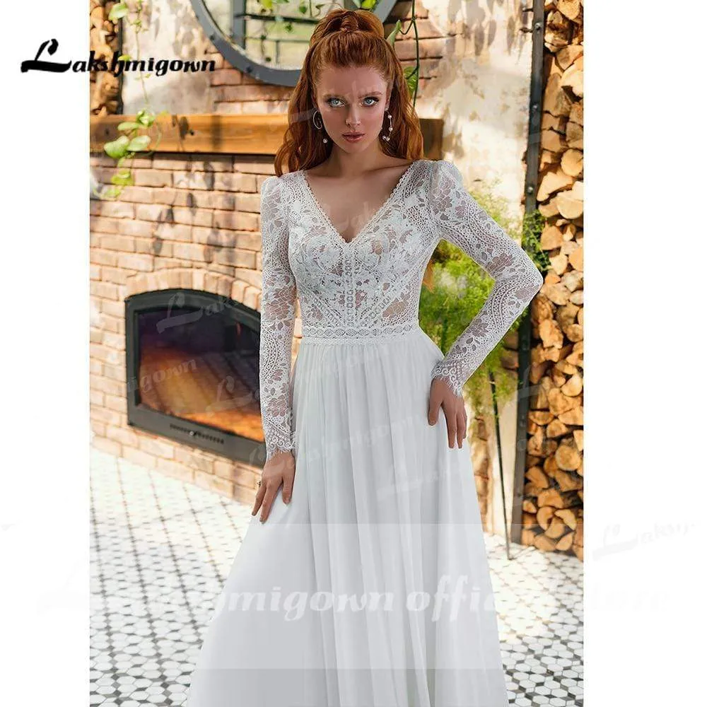 Roycebridal V Neck Lace Long Sleeve Backless Chiffon Wedding Dresses