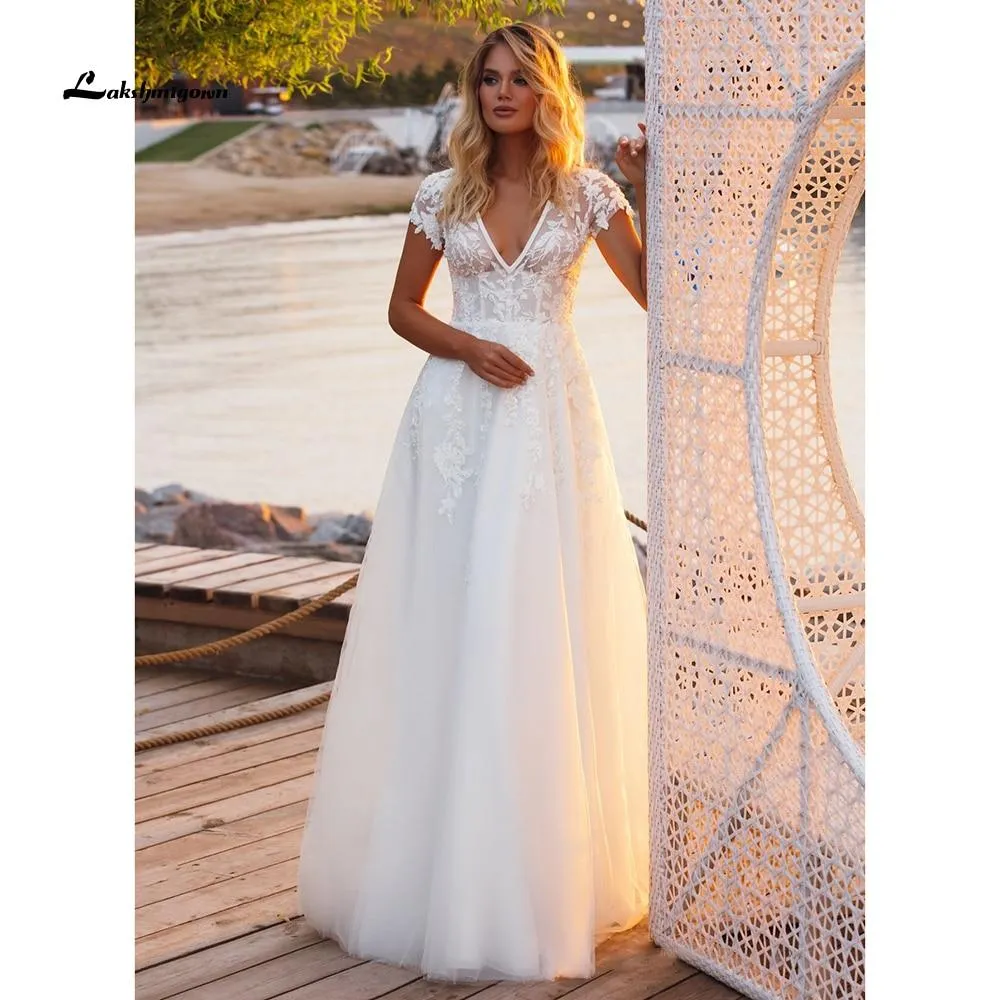 Roycebridal V Neck Short Sleeve Lace Appliques Open Back Wedding Dresses