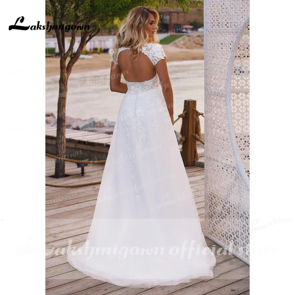 Roycebridal V Neck Short Sleeve Lace Appliques Open Back Wedding Dresses