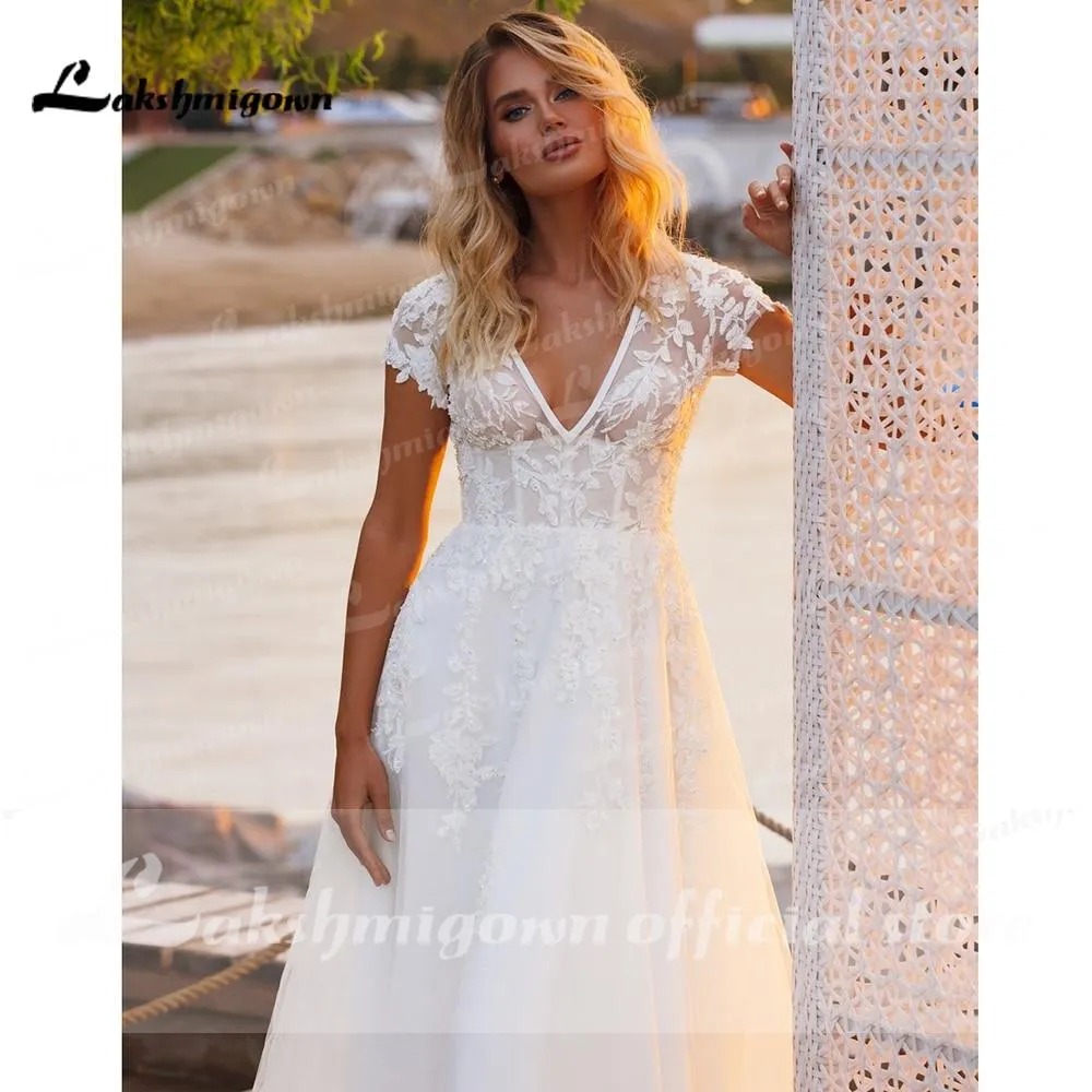 Roycebridal V Neck Short Sleeve Lace Appliques Open Back Wedding Dresses