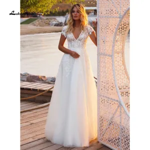 Roycebridal V Neck Short Sleeve Lace Appliques Open Back Wedding Dresses