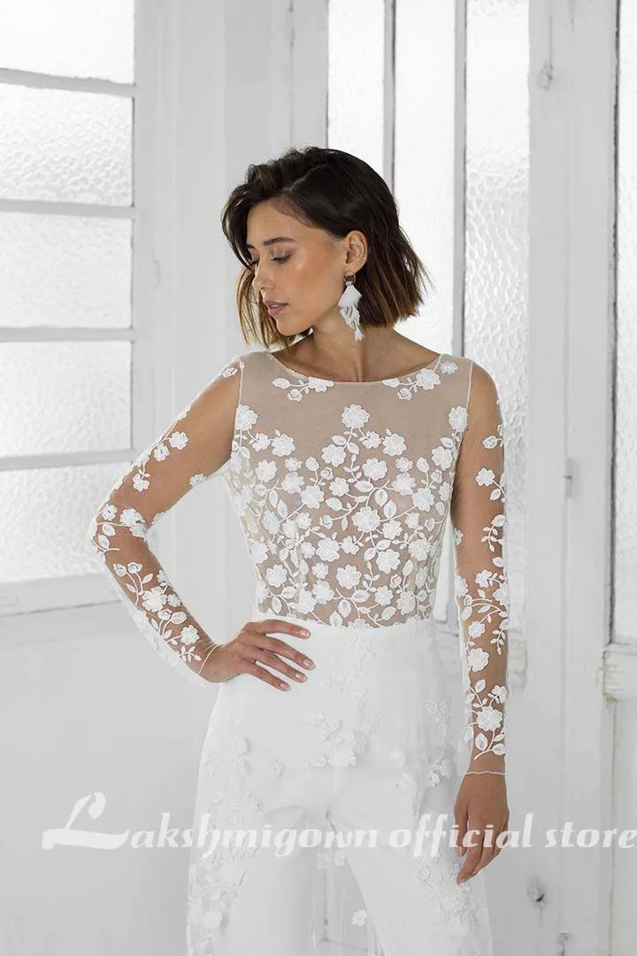 Roycebridal White Jumpsuit Beach Wedding Dresses Long Sleeve