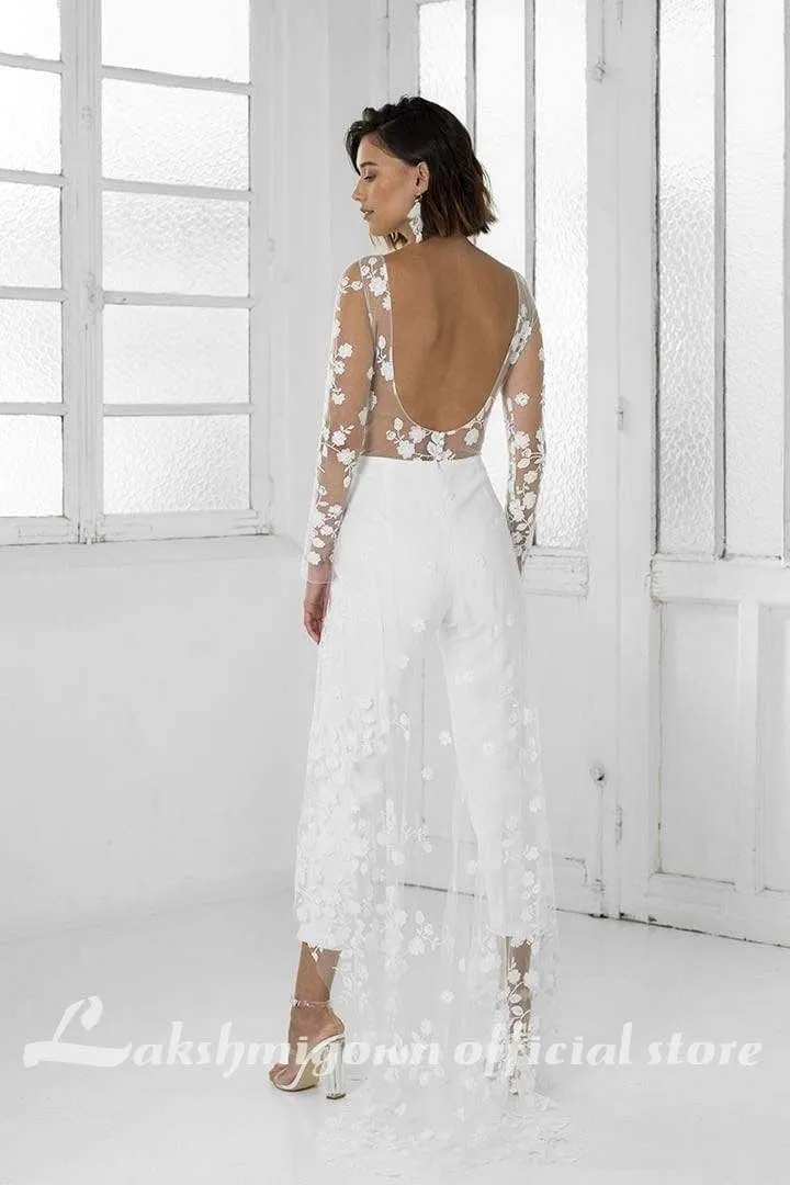 Roycebridal White Jumpsuit Beach Wedding Dresses Long Sleeve