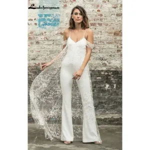 Roycebridal White Wedding Jumpsuit Beach Wedding Dresses With Cape