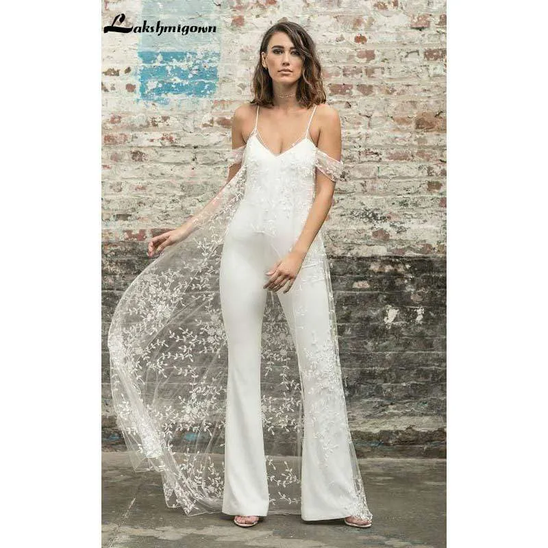 Roycebridal White Wedding Jumpsuit Beach Wedding Dresses With Cape