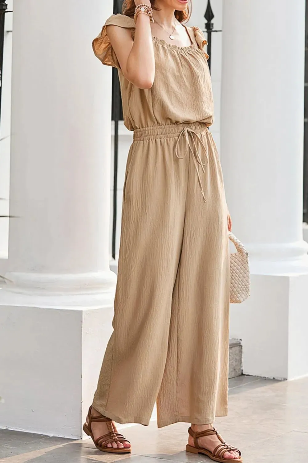 Ruffled Cap Sleeve Wide Leg Jumpsuit