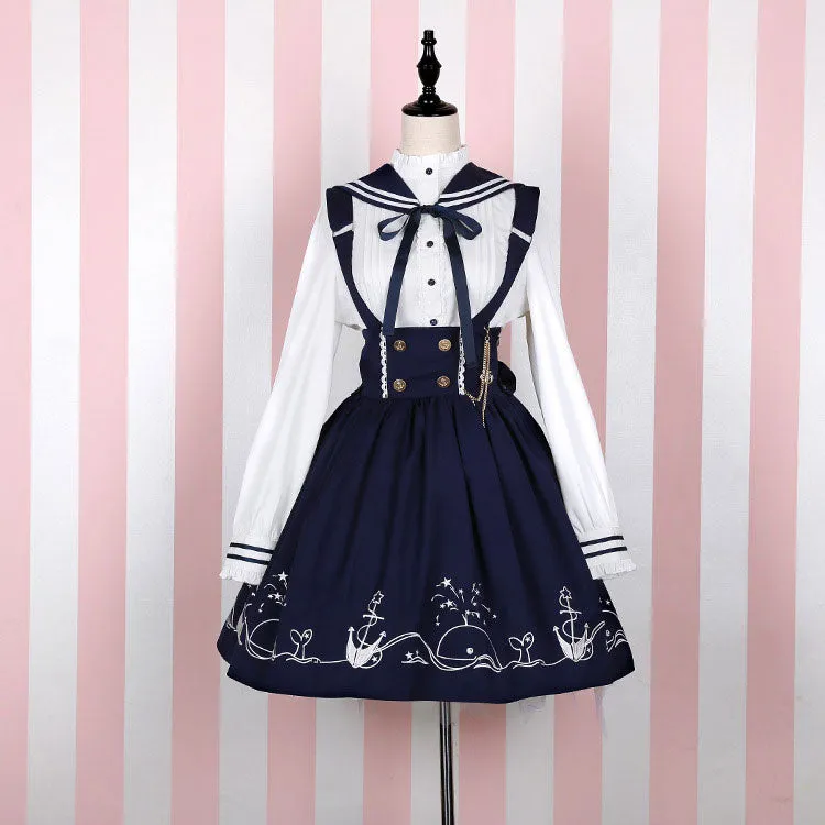 Sailor Blouse Bow Blue Skirt Set