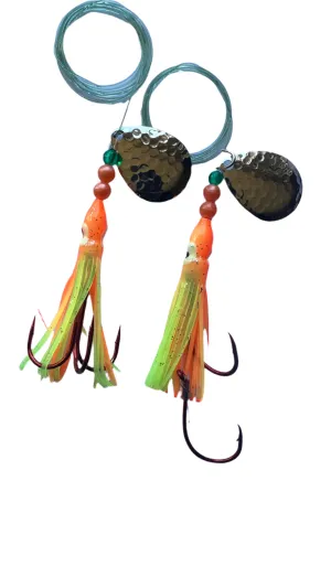 Salmon Tackle - Kokopros® Twin Pack Orange Chartreuse #4 Salmon Hoochie's  2/0 Red Treble and a 4/0 Red Octopus Snell