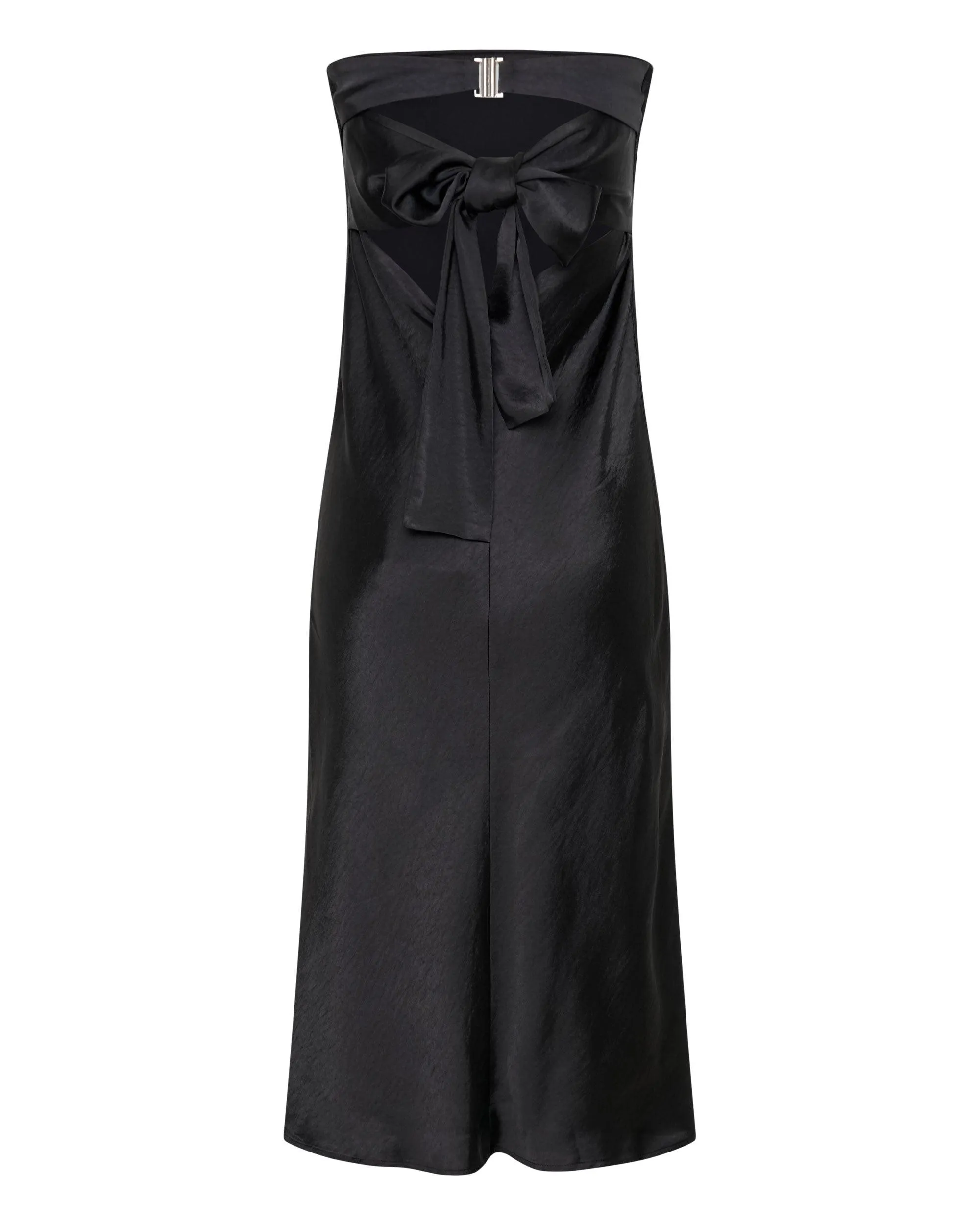 SATIN TIE BACK STRAPLESS MIDI | BLACK