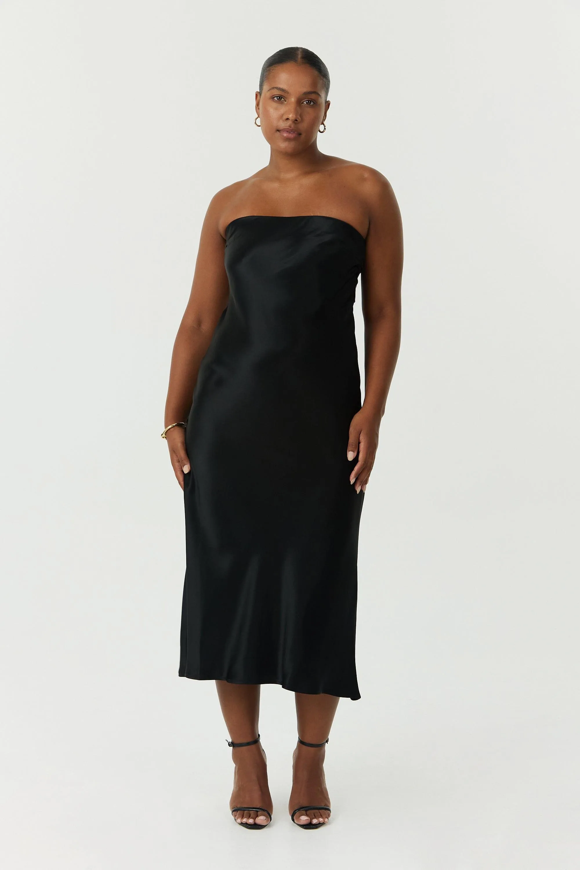 SATIN TIE BACK STRAPLESS MIDI | BLACK