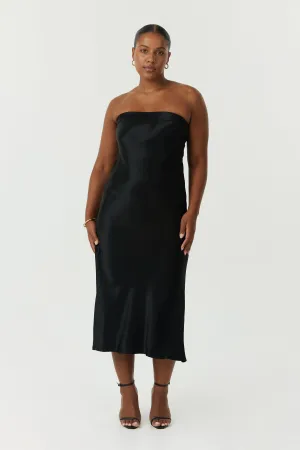 SATIN TIE BACK STRAPLESS MIDI | BLACK