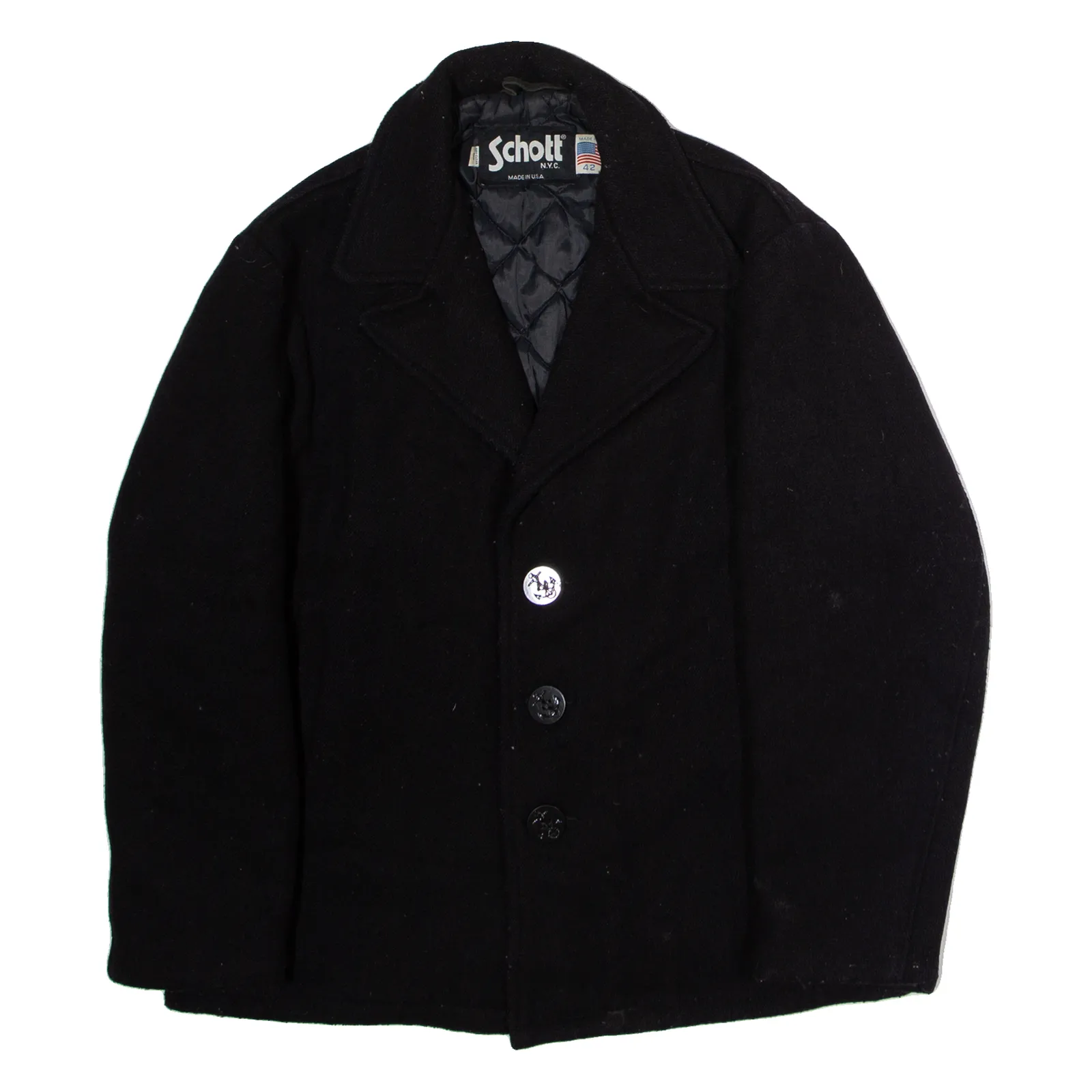 SCHOTT Mens Pea Coat Black Knit Wool 90s M