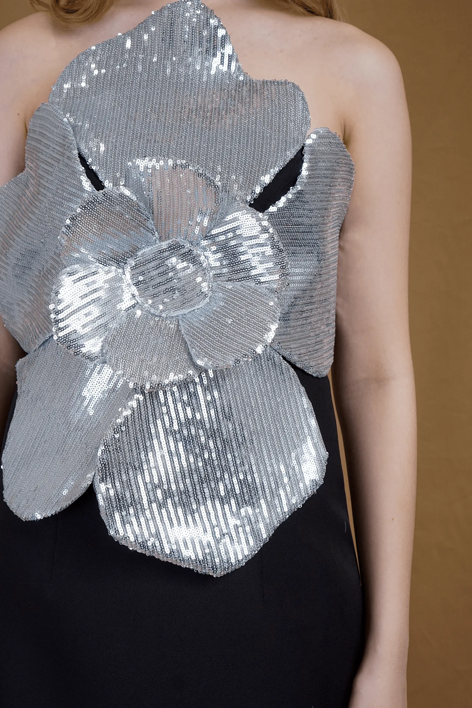 Sequin Silver Flower Strapless Dress