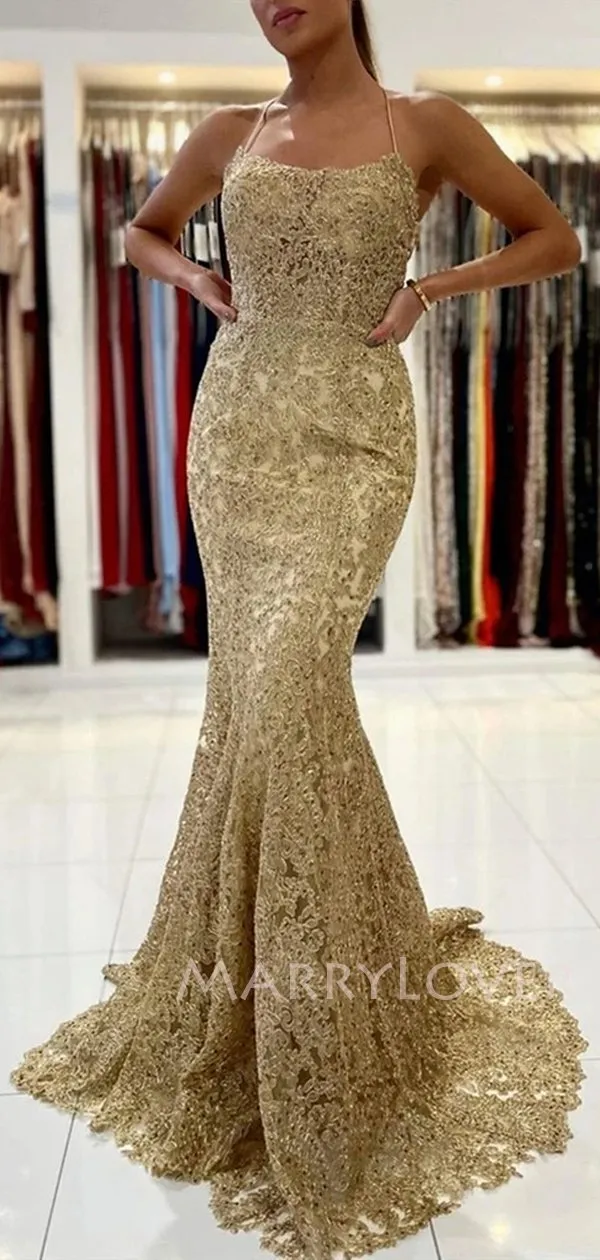 Sexy Mermaid Spaghetti Straps Lace Long Evening Prom Dresses, MR7052