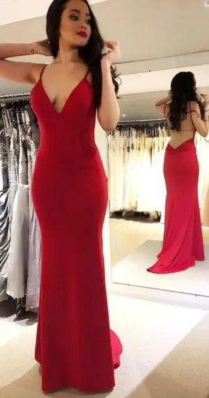 Sexy Spaghetti Straps Backless Red Evening Dress
