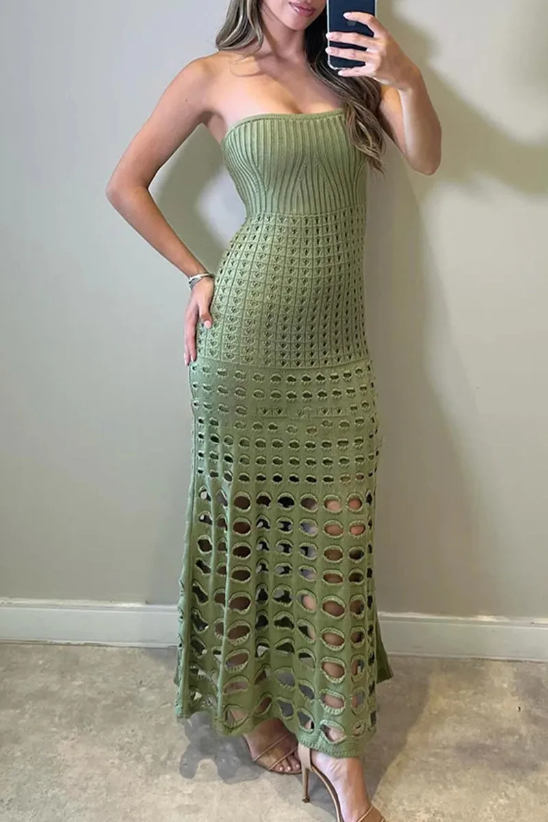 Sexy Vacation Solid Hollowed Out Strapless Beach Dresses(6 Colors)