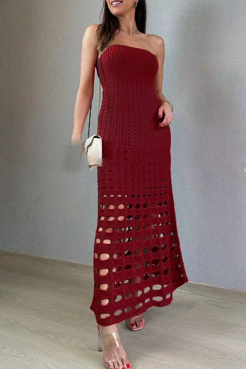 Sexy Vacation Solid Hollowed Out Strapless Beach Dresses(6 Colors)
