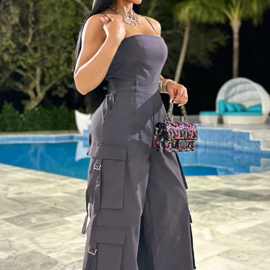 Sexy Wide Leg Cargo Jumpsuits
