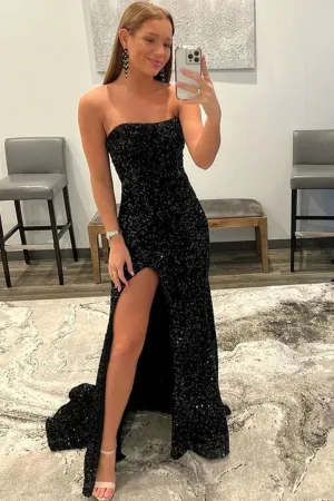 Shiny Black Sequins Prom Dresses Strapless Long Mermaid Formal Dresses