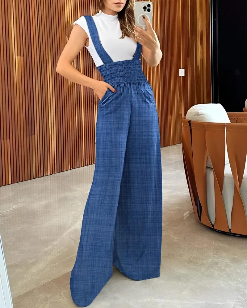 Shirred Wide Leg Bootcut Suspender Jumpsuit