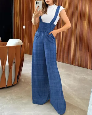 Shirred Wide Leg Bootcut Suspender Jumpsuit