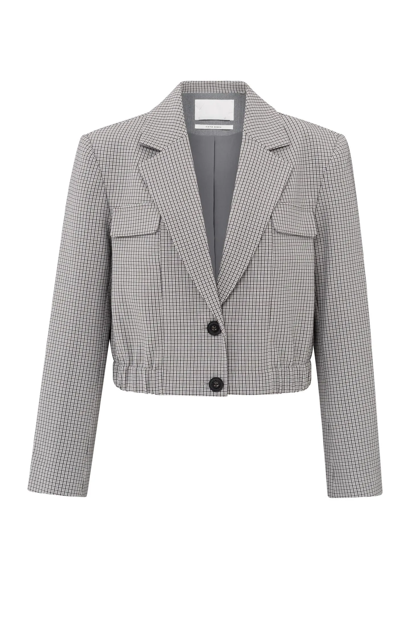 Short blazer with check pattern and elastic waist
