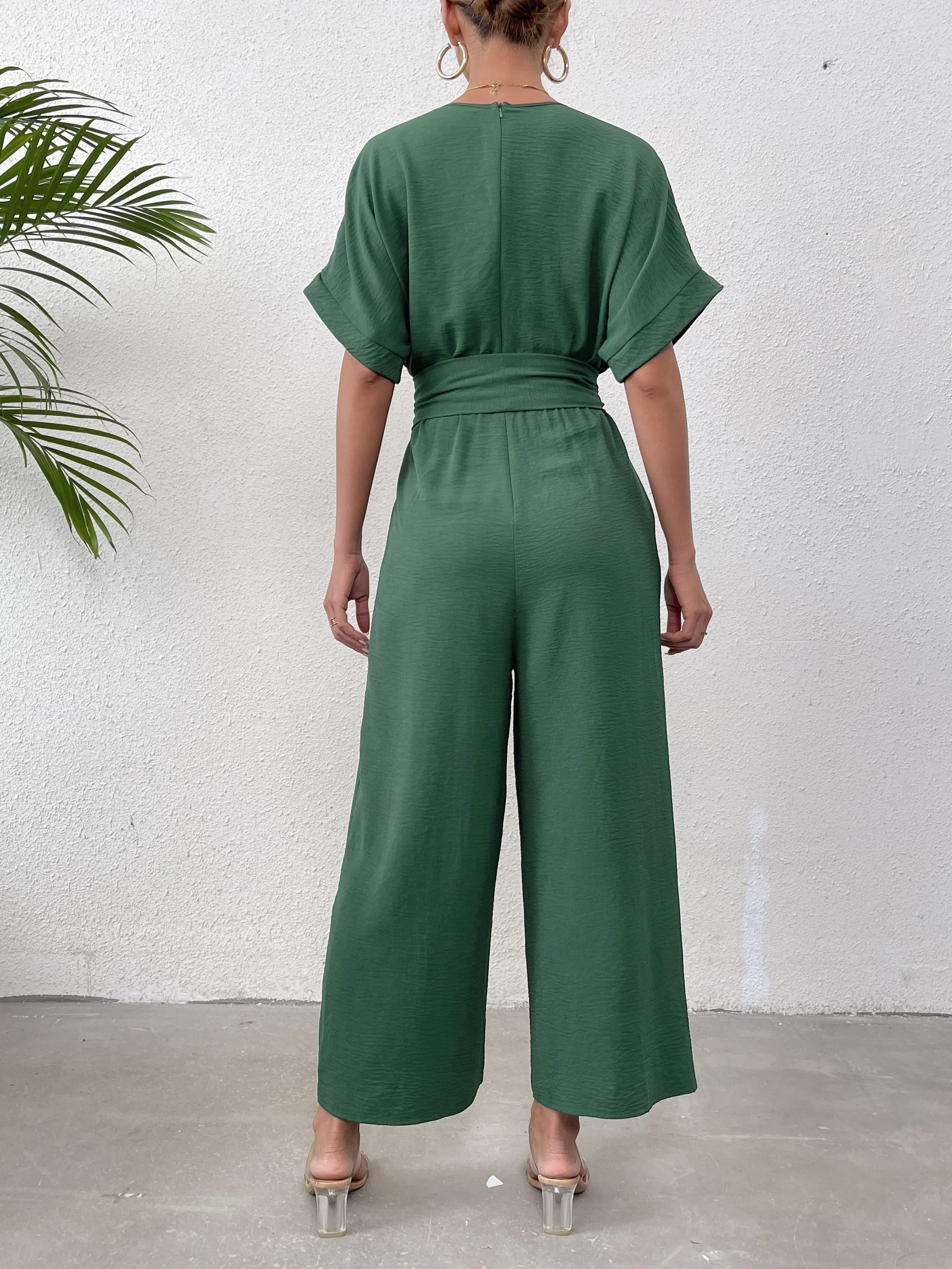 Short Sleeve Jumpsuit, Elegant Solid Belted Wide Leg Jumpsuits