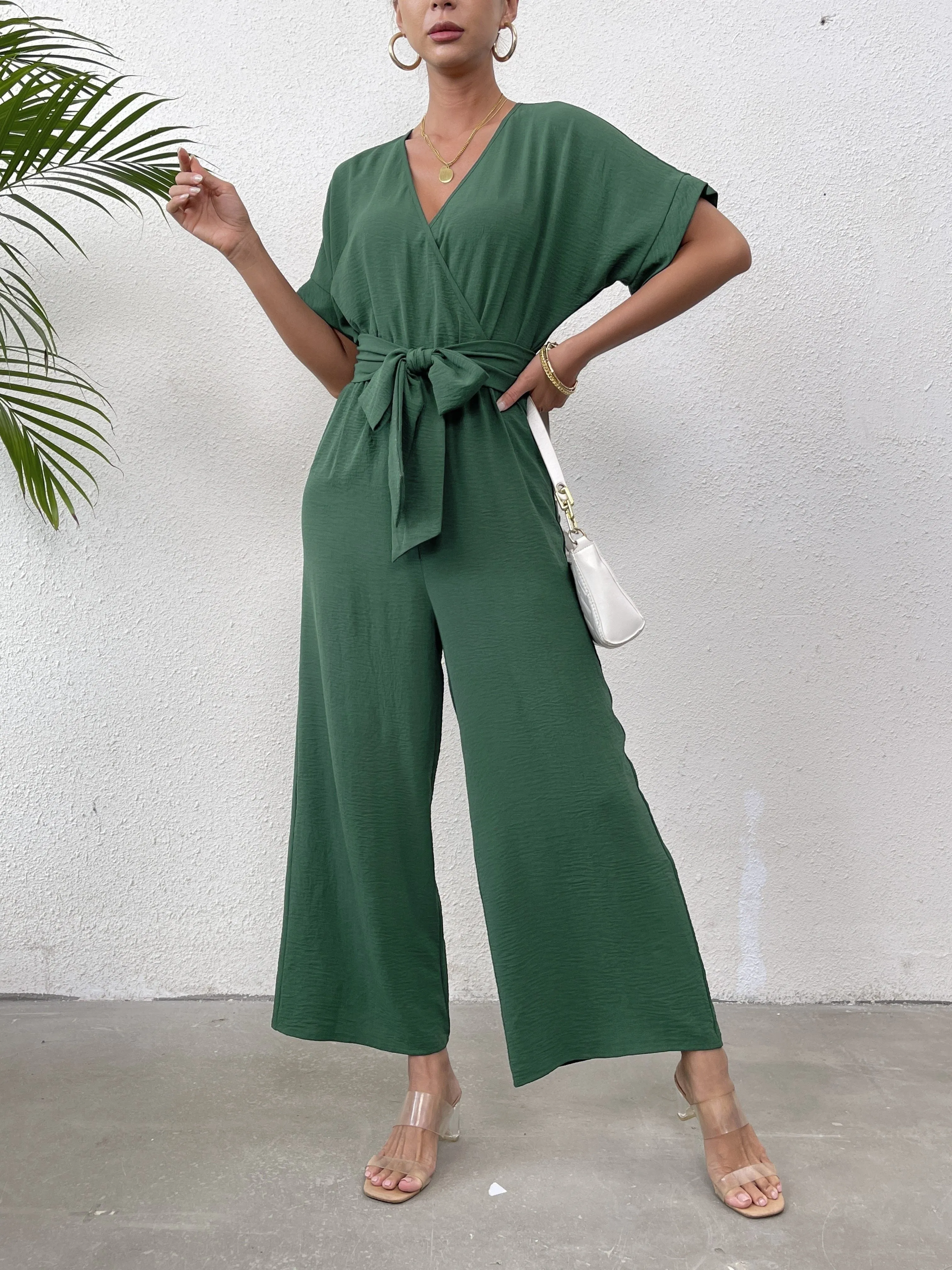 Short Sleeve Jumpsuit, Elegant Solid Belted Wide Leg Jumpsuits