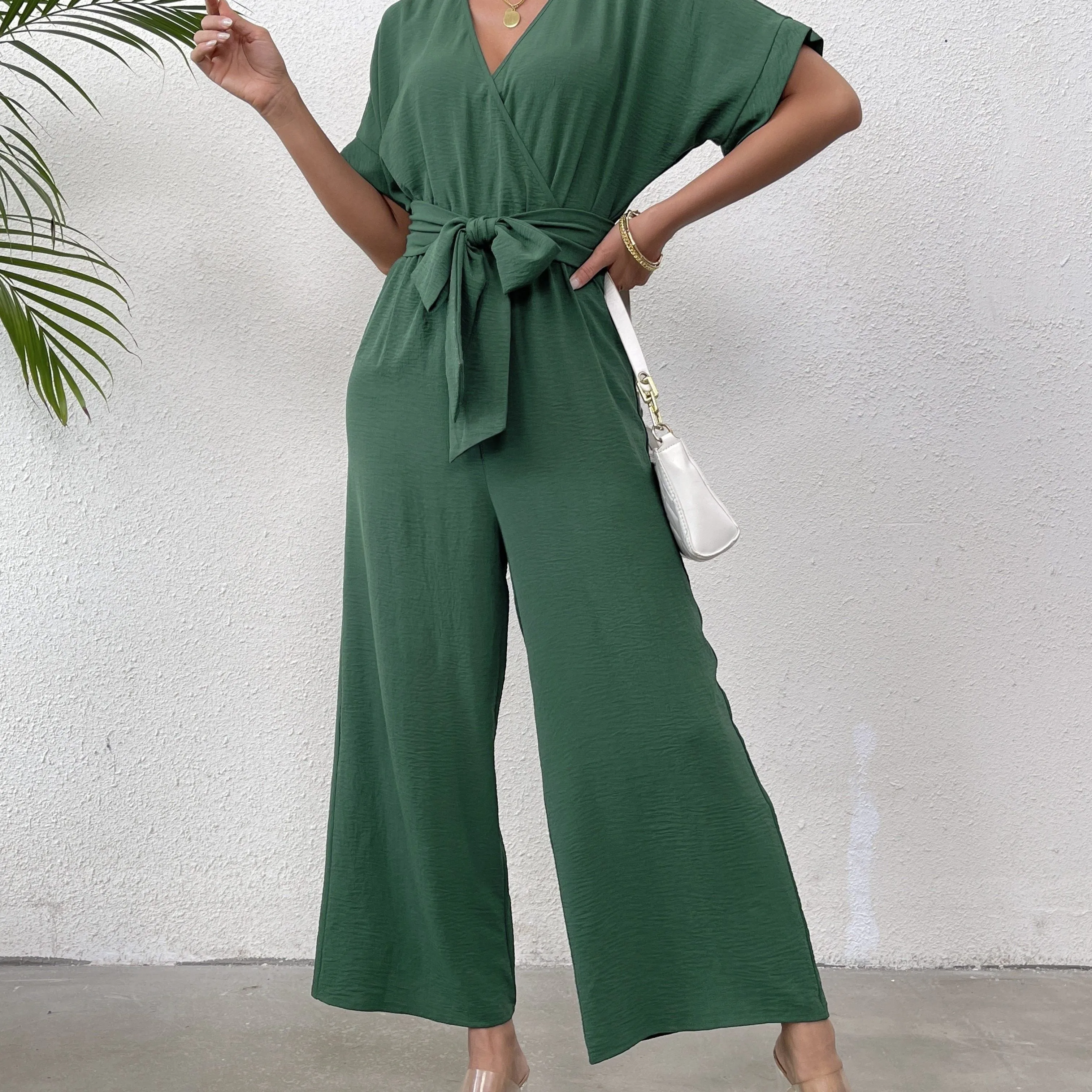 Short Sleeve Jumpsuit, Elegant Solid Belted Wide Leg Jumpsuits