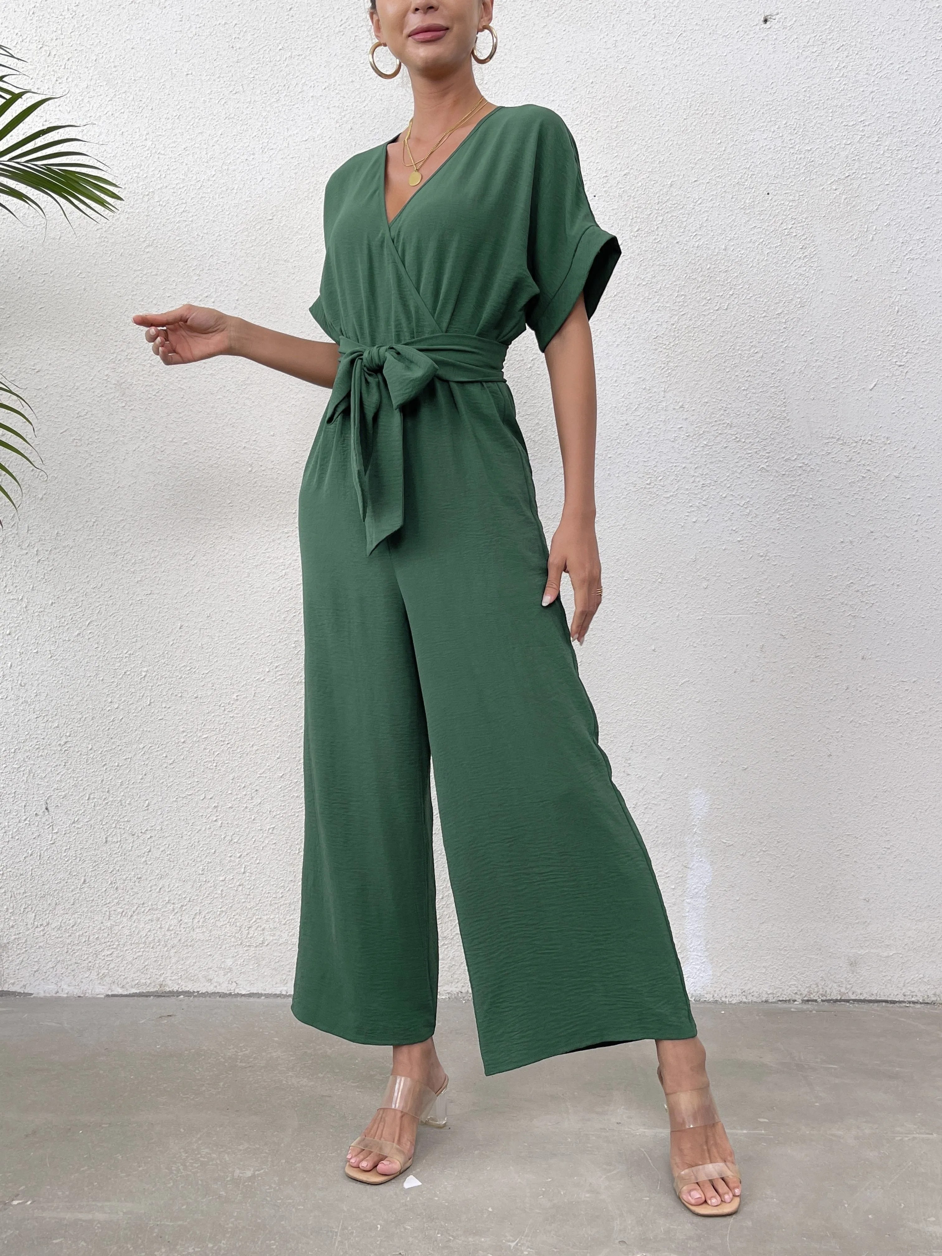 Short Sleeve Jumpsuit, Elegant Solid Belted Wide Leg Jumpsuits