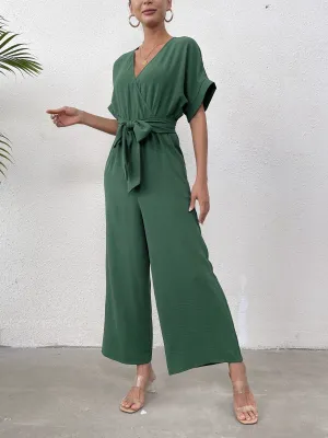Short Sleeve Jumpsuit, Elegant Solid Belted Wide Leg Jumpsuits