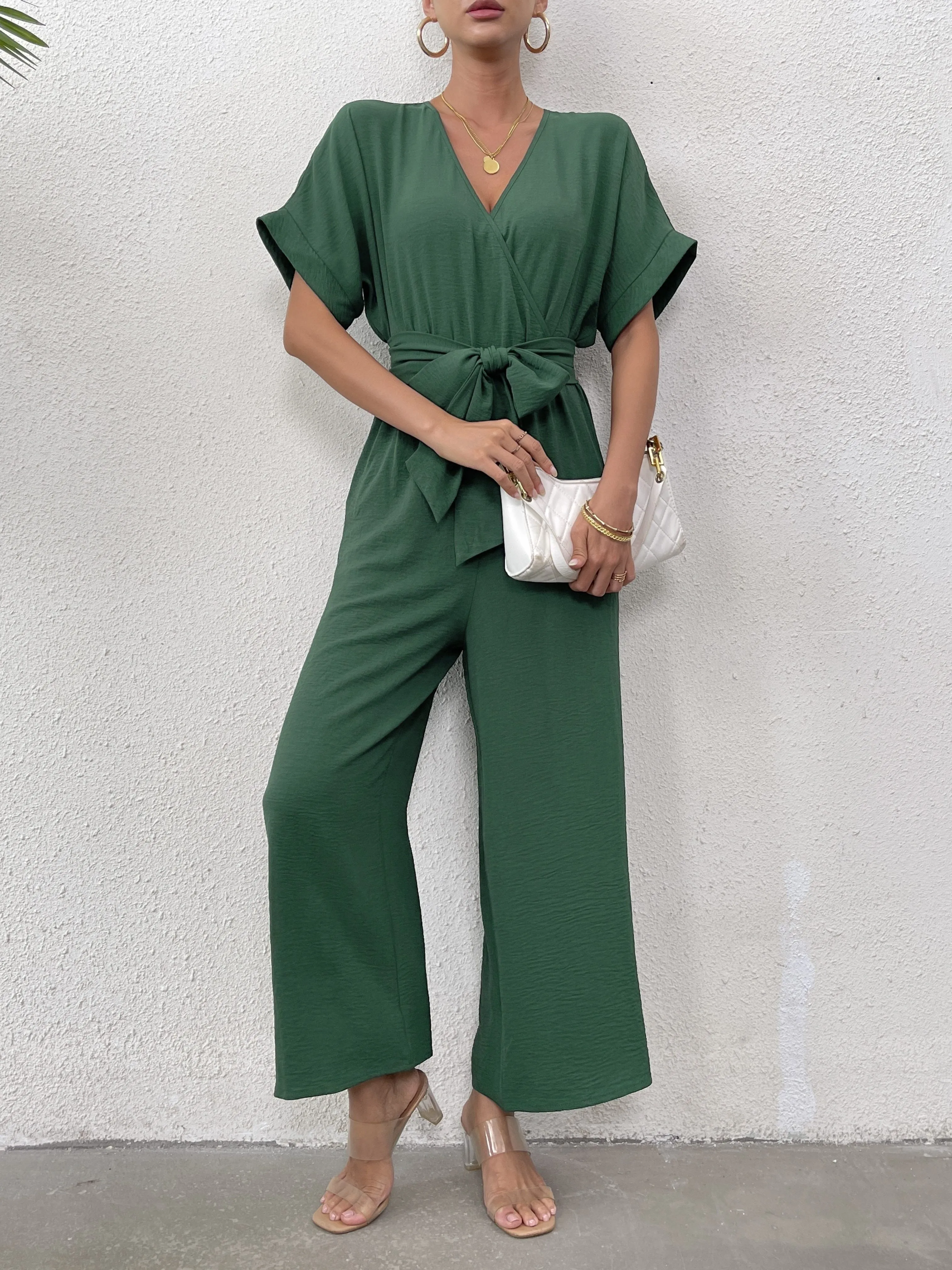 Short Sleeve Jumpsuit, Elegant Solid Belted Wide Leg Jumpsuits