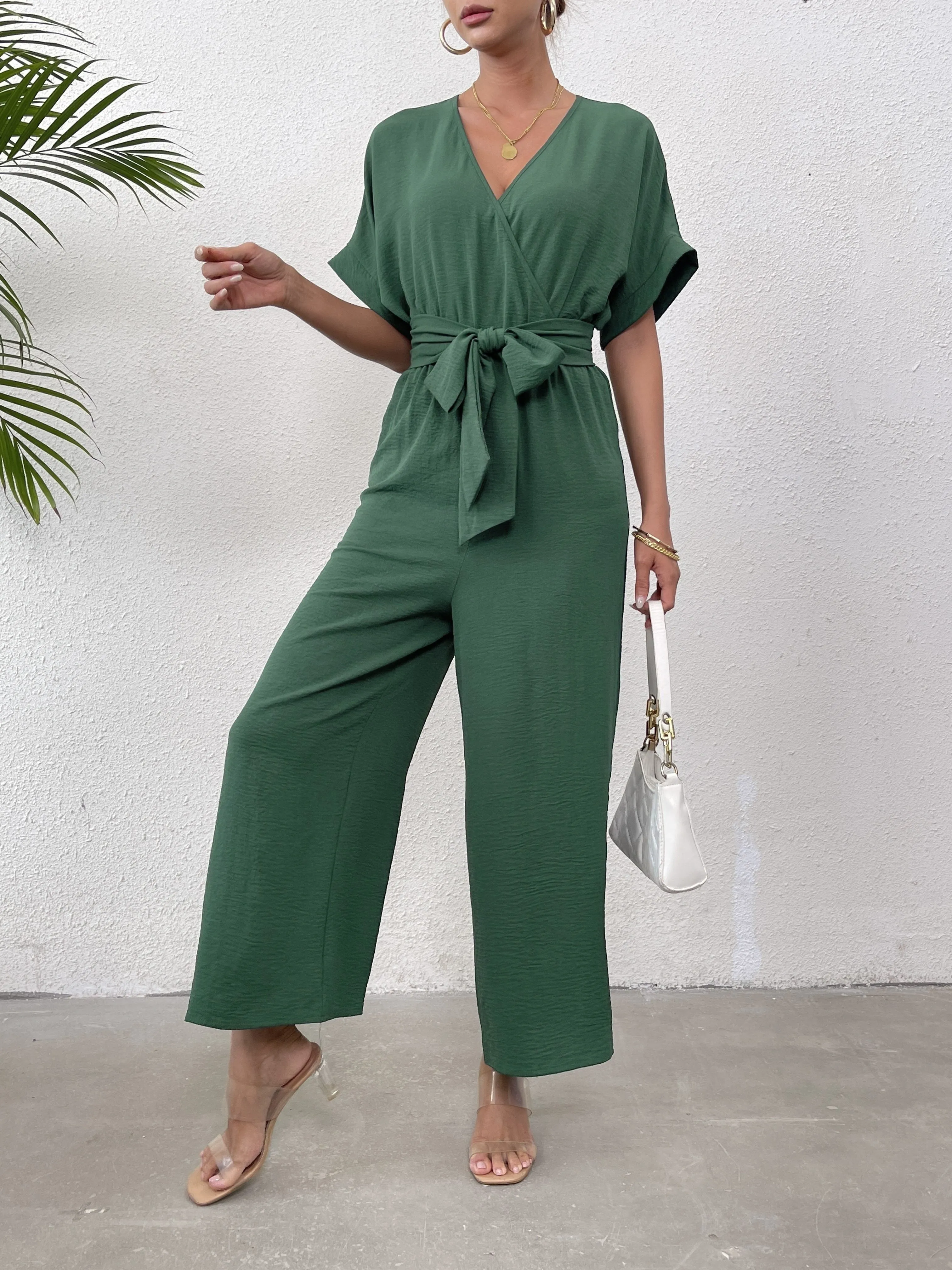 Short Sleeve Jumpsuit, Elegant Solid Belted Wide Leg Jumpsuits