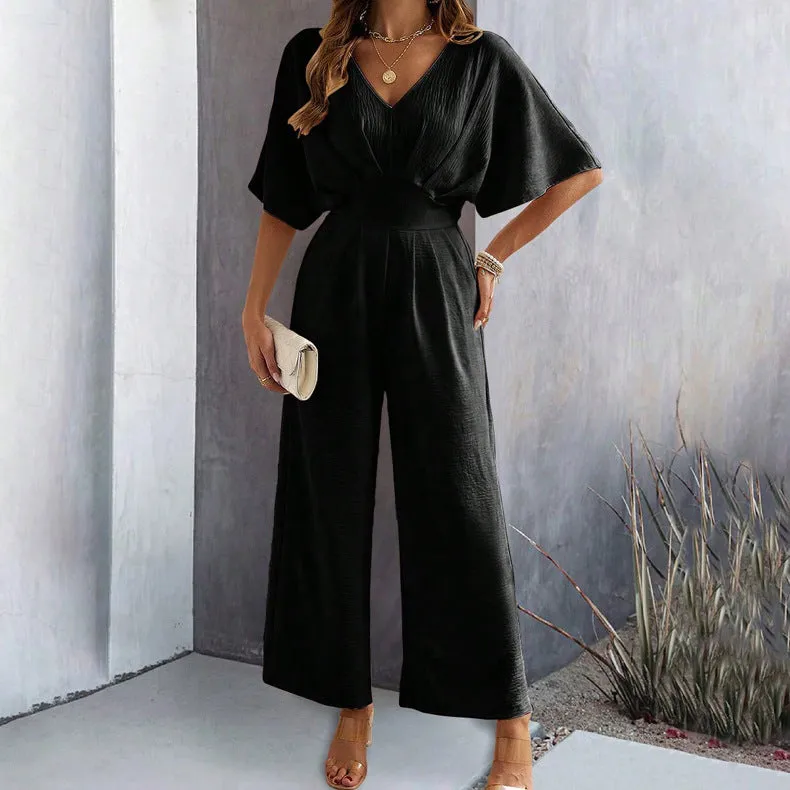 Short-Sleeved Solid Color Casual Wide-Leg Jumpsuit Wholesale Womens Clothing N3824062100011