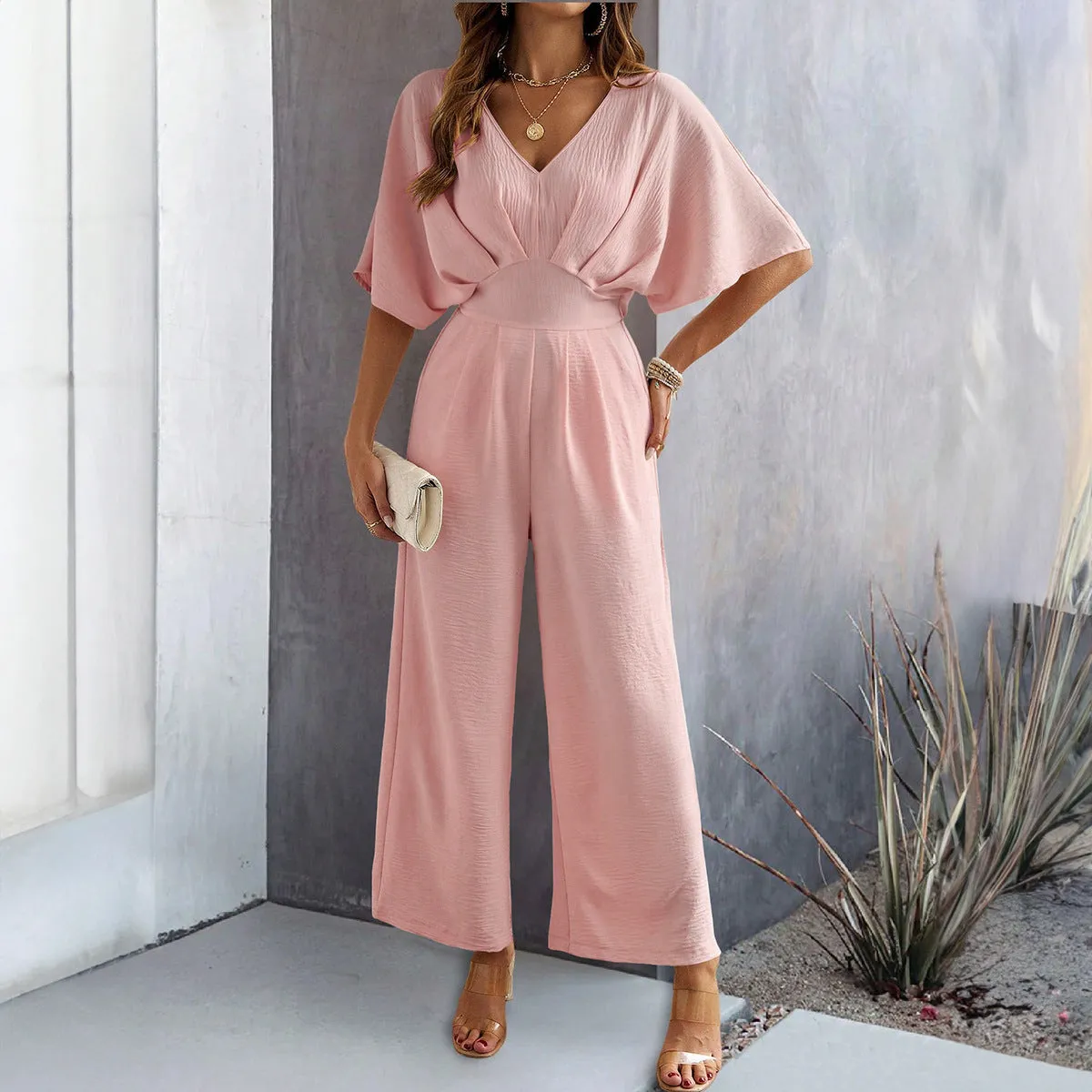 Short-Sleeved Solid Color Casual Wide-Leg Jumpsuit Wholesale Womens Clothing N3824062100011