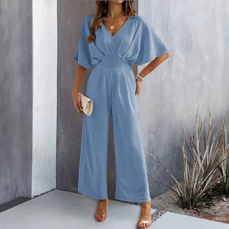 Short-Sleeved Solid Color Casual Wide-Leg Jumpsuit Wholesale Womens Clothing N3824062100011