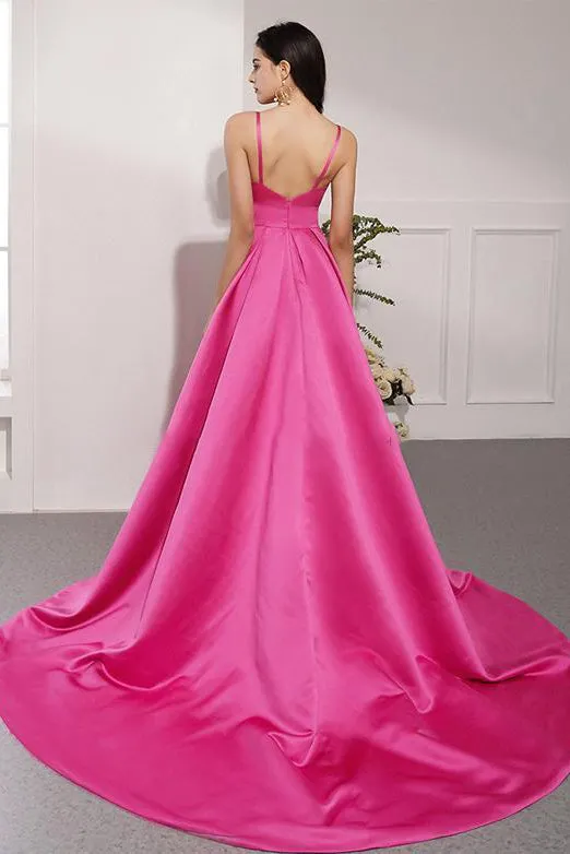 Simple A Line Spaghetti Straps Sweep Train Long Fuchsia Prom Dresses Evening Dresses OHC361