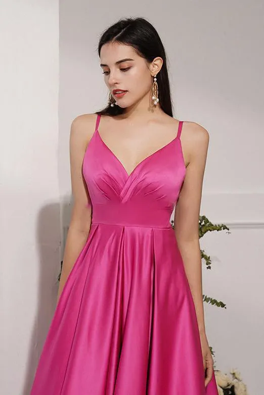 Simple A Line Spaghetti Straps Sweep Train Long Fuchsia Prom Dresses Evening Dresses OHC361