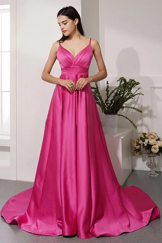 Simple A Line Spaghetti Straps Sweep Train Long Fuchsia Prom Dresses Evening Dresses OHC361