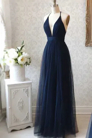 Simple Navy Blue Tulle A-line V-neck Backless Long Bridesmaid Dresses, MBD167