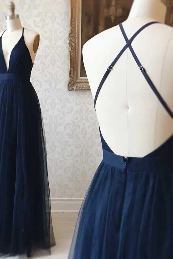 Simple Navy Blue Tulle A-line V-neck Backless Long Bridesmaid Dresses, MBD167
